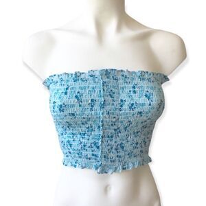 🔃Flower Print Blue Strapless Cropped Tube Top